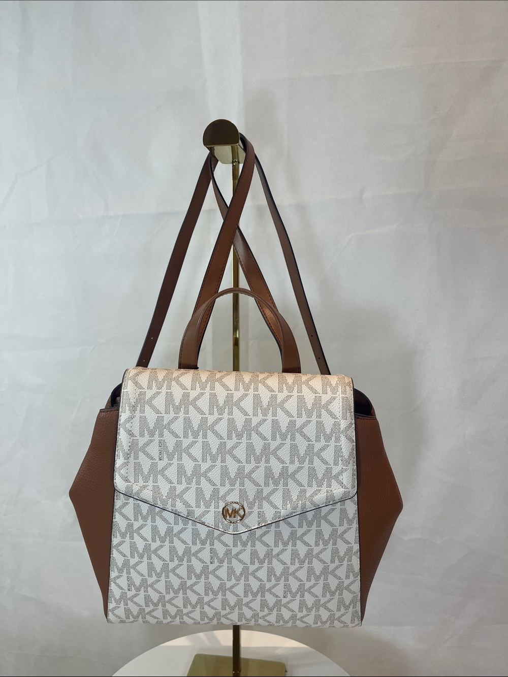 Michael Kors White & Brown MK Signature Satchel